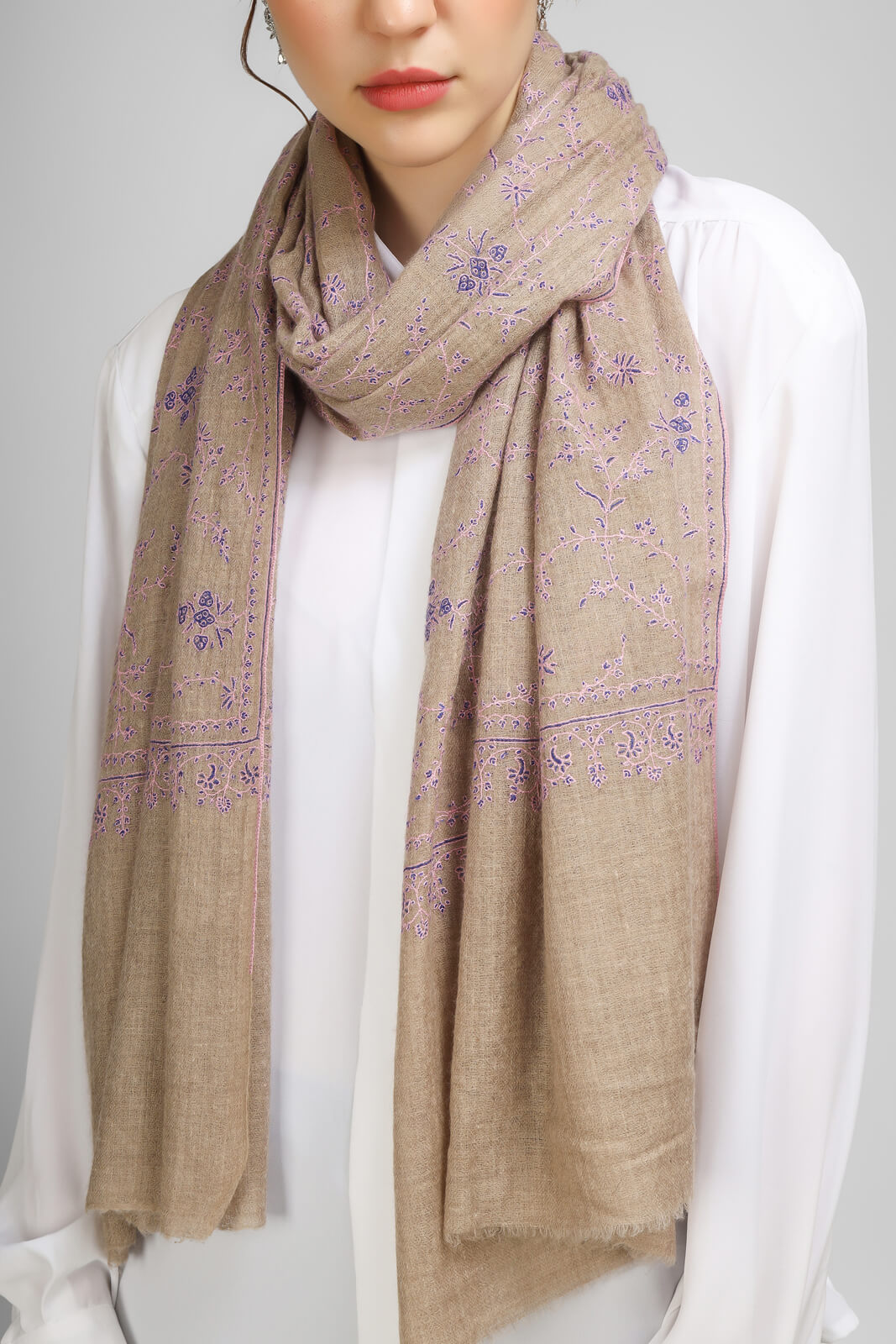 PASHMINA EMBROIDERY STOLE - Natural Pashmina Jaldaar with a Purple embroidery stole,- We deliver to United States, China, Japan, Germany, United Kingdom, France, Canada, South Korea, Australia, and Switzerland.