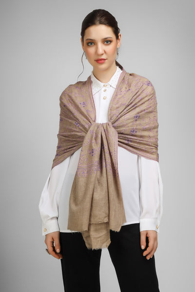 PASHMINA EMBROIDERY STOLE - Natural Pashmina Jaldaar with a Purple embroidery stole,- We deliver to United States, China, Japan, Germany, United Kingdom, France, Canada, South Korea, Australia, and Switzerland.