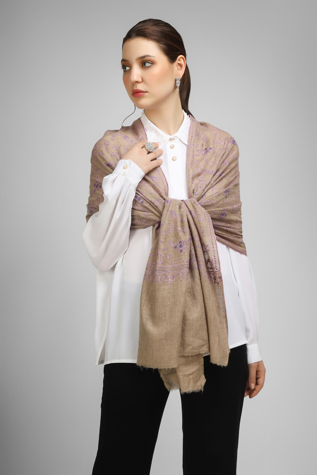 PASHMINA EMBROIDERY STOLE - Natural Pashmina Jaldaar with a Purple embroidery stole,- We deliver to United States, China, Japan, Germany, United Kingdom, France, Canada, South Korea, Australia, and Switzerland.