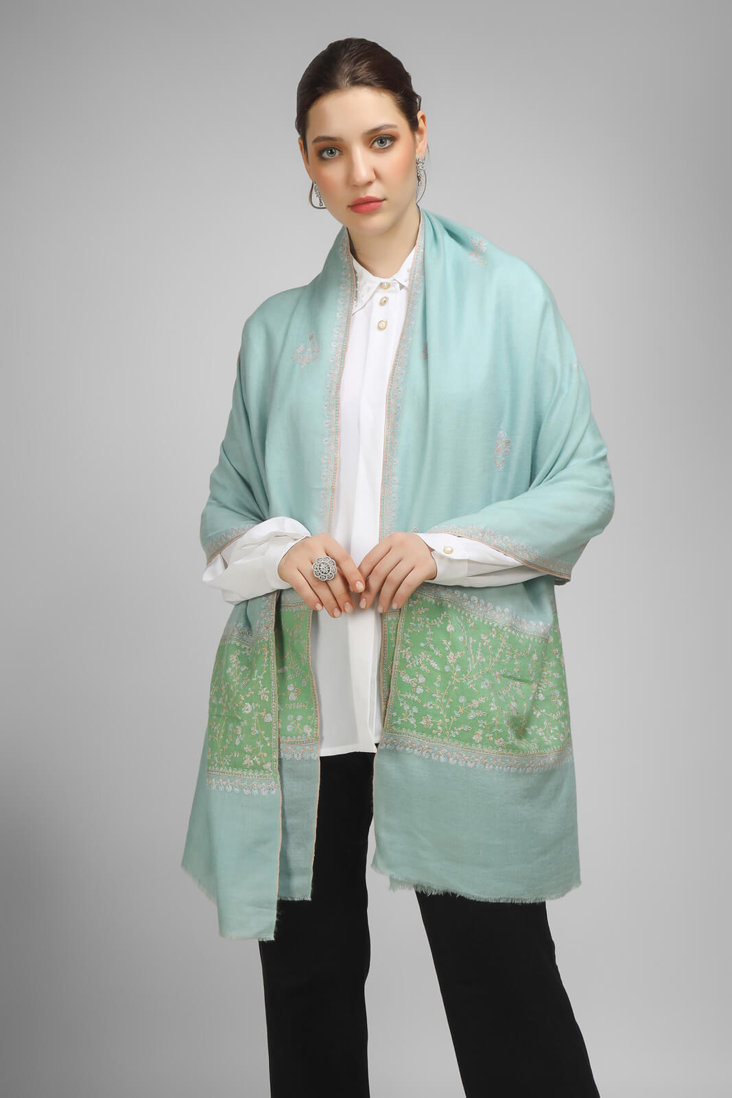 PASHMINA EMBROIDERY STOLE - Light Turquoise Pashmina Paladaar stole - We deliver exquisite products to your doorstep in the United States