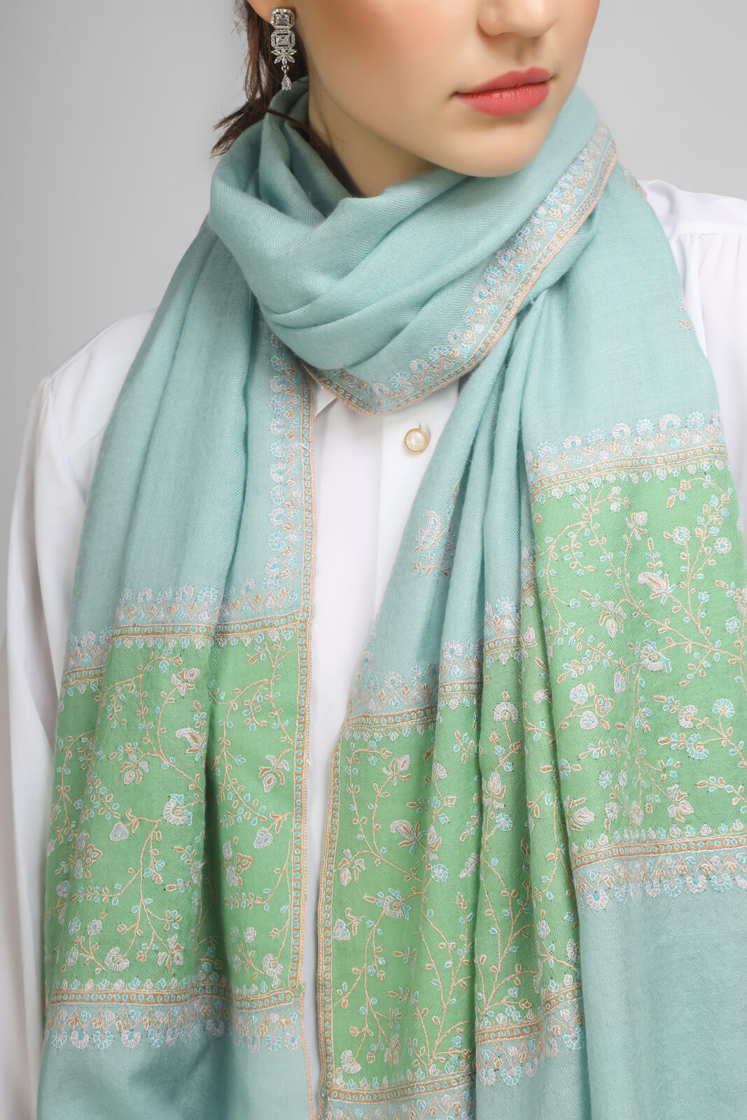 PASHMINA EMBROIDERY STOLE - Light Turquoise Pashmina Paladaar stole - We deliver exquisite products to your doorstep in the United States