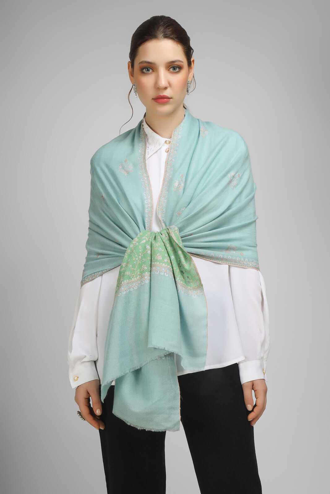 PASHMINA EMBROIDERY STOLE - Light Turquoise Pashmina Paladaar stole - We deliver exquisite products to your doorstep in the United States