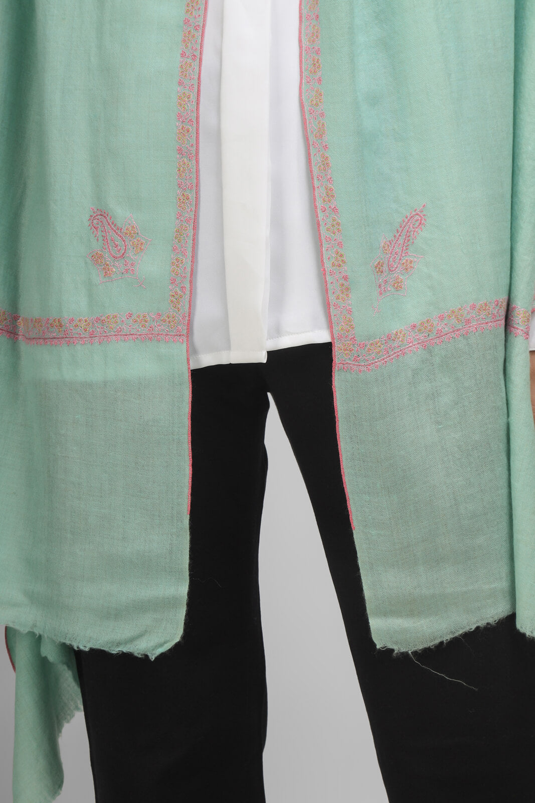 PASHMINA EMBROIDERY STOLE - mint green Pashmina stole, boasting intricate hashidaar and sozni embroidery GERMANY , PARIS, LONDON