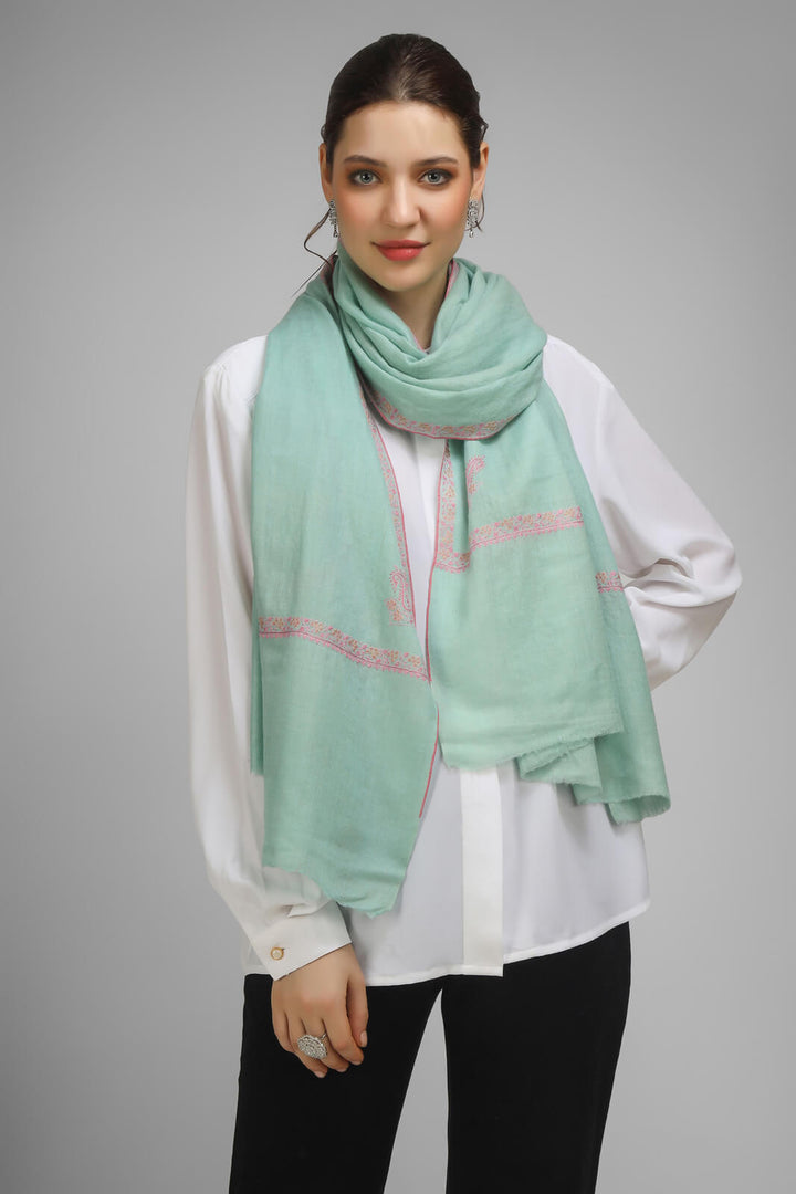 PASHMINA EMBROIDERY STOLE - mint green Pashmina stole, boasting intricate hashidaar and sozni embroidery GERMANY , PARIS, LONDON