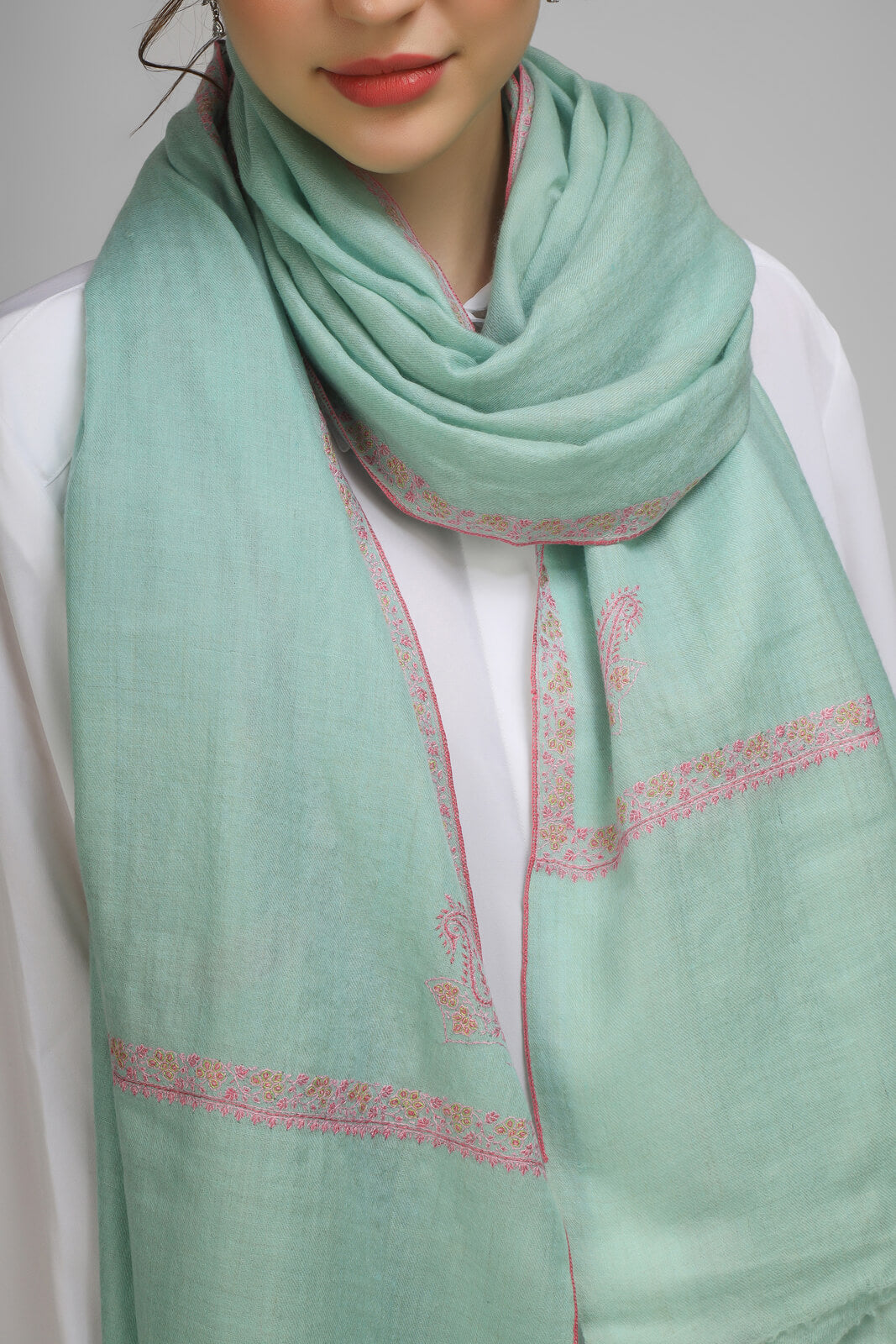 PASHMINA EMBROIDERY STOLE - mint green Pashmina stole, boasting intricate hashidaar and sozni embroidery GERMANY , PARIS, LONDON