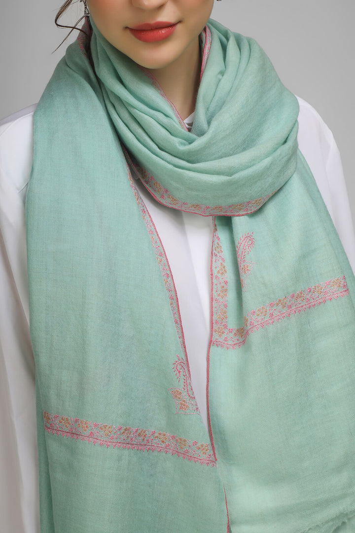 PASHMINA EMBROIDERY STOLE - mint green Pashmina stole, boasting intricate hashidaar and sozni embroidery GERMANY , PARIS, LONDON