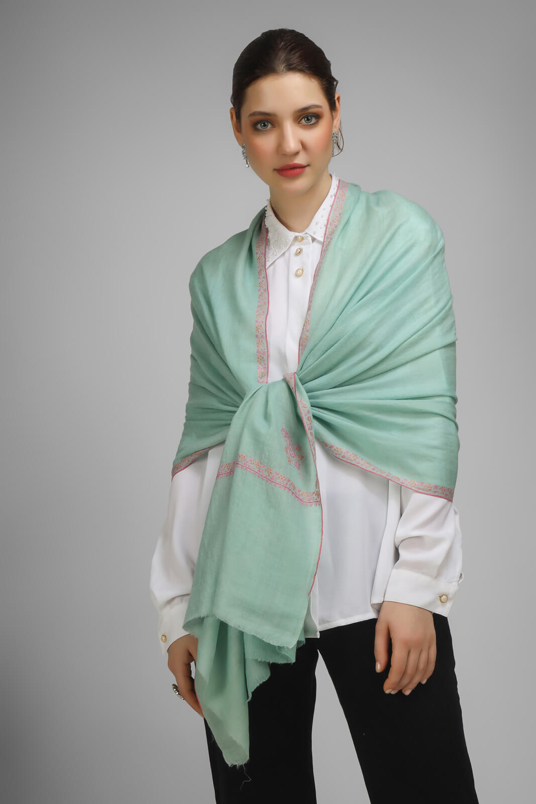 PASHMINA EMBROIDERY STOLE - mint green Pashmina stole, boasting intricate hashidaar and sozni embroidery GERMANY , PARIS, LONDON