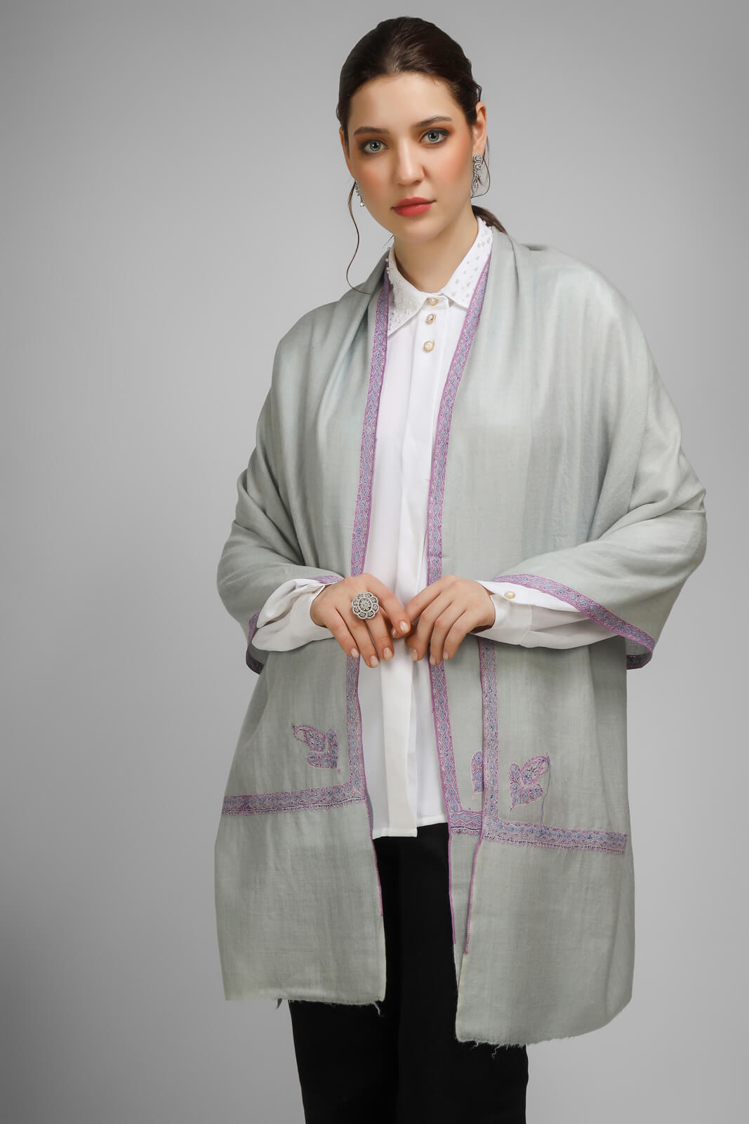 PASHMINA EMBROIDERY STOLE - light gray Pashmina stole showcasing intricate hashidaar and sozni embroidery CANADA , UAE, LONDON