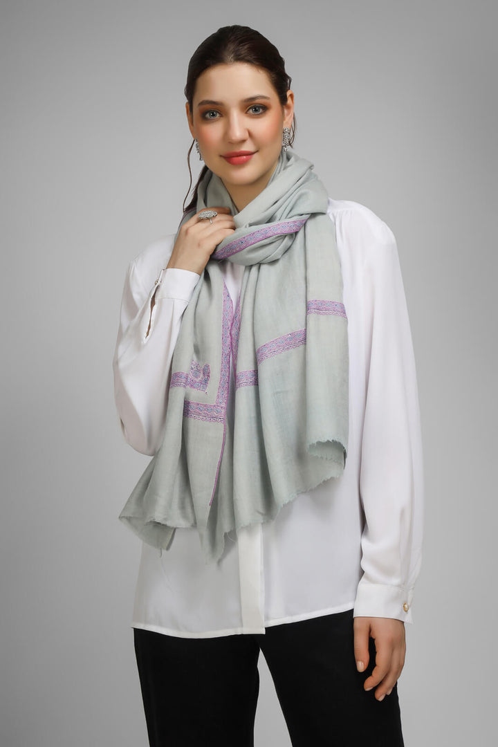 PASHMINA EMBROIDERY STOLE - light gray Pashmina stole showcasing intricate hashidaar and sozni embroidery CANADA , UAE, LONDON