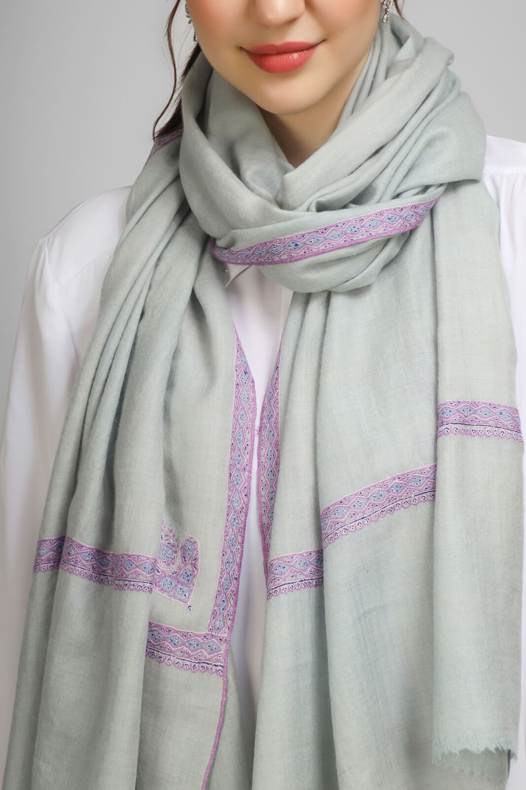 PASHMINA EMBROIDERY STOLE - light gray Pashmina stole showcasing intricate hashidaar and sozni embroidery CANADA , UAE, LONDON