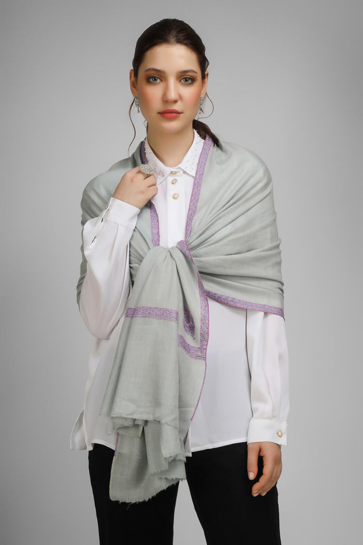 PASHMINA EMBROIDERY STOLE - light gray Pashmina stole showcasing intricate hashidaar and sozni embroidery CANADA , UAE, LONDON