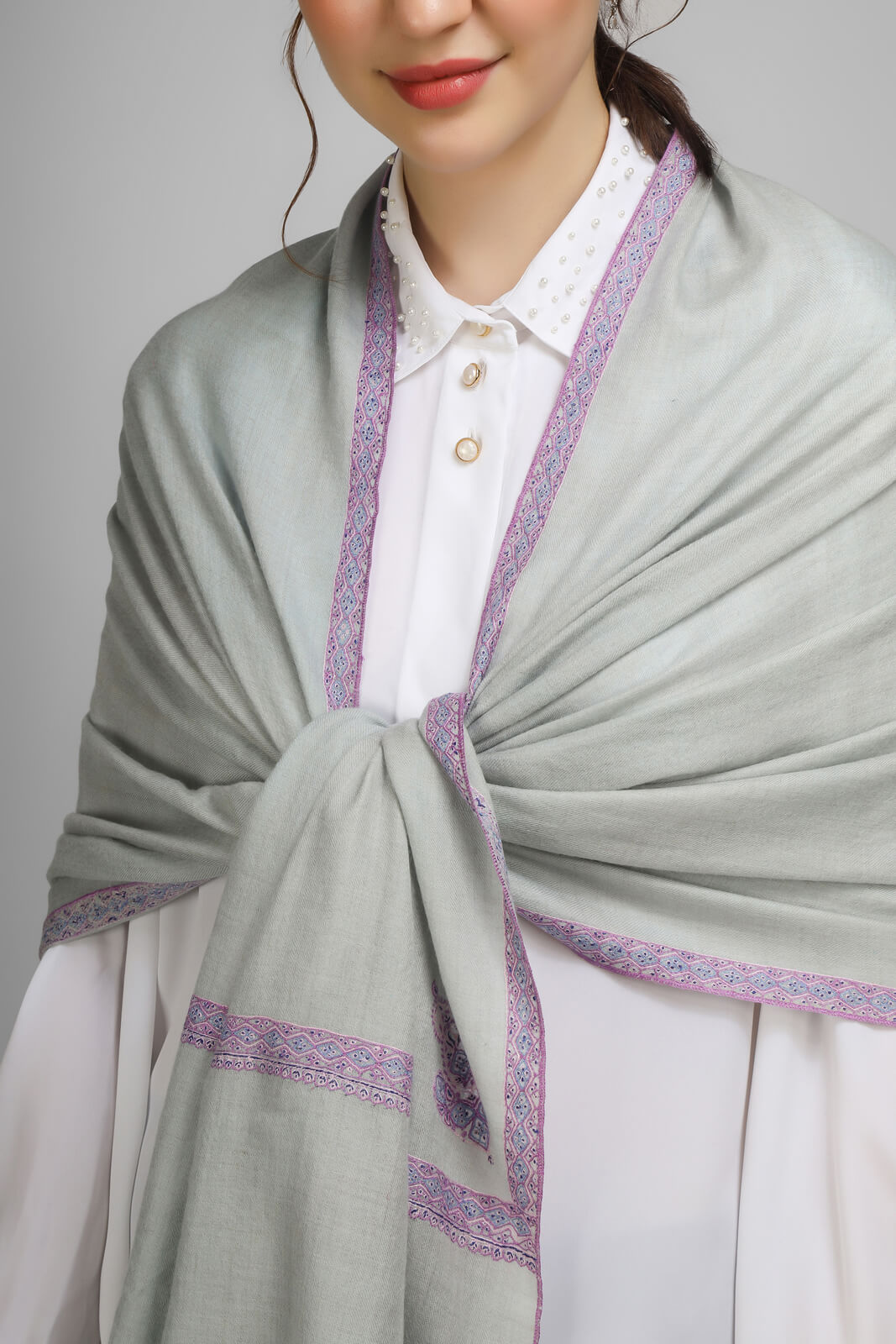 PASHMINA EMBROIDERY STOLE - light gray Pashmina stole showcasing intricate hashidaar and sozni embroidery CANADA , UAE, LONDON