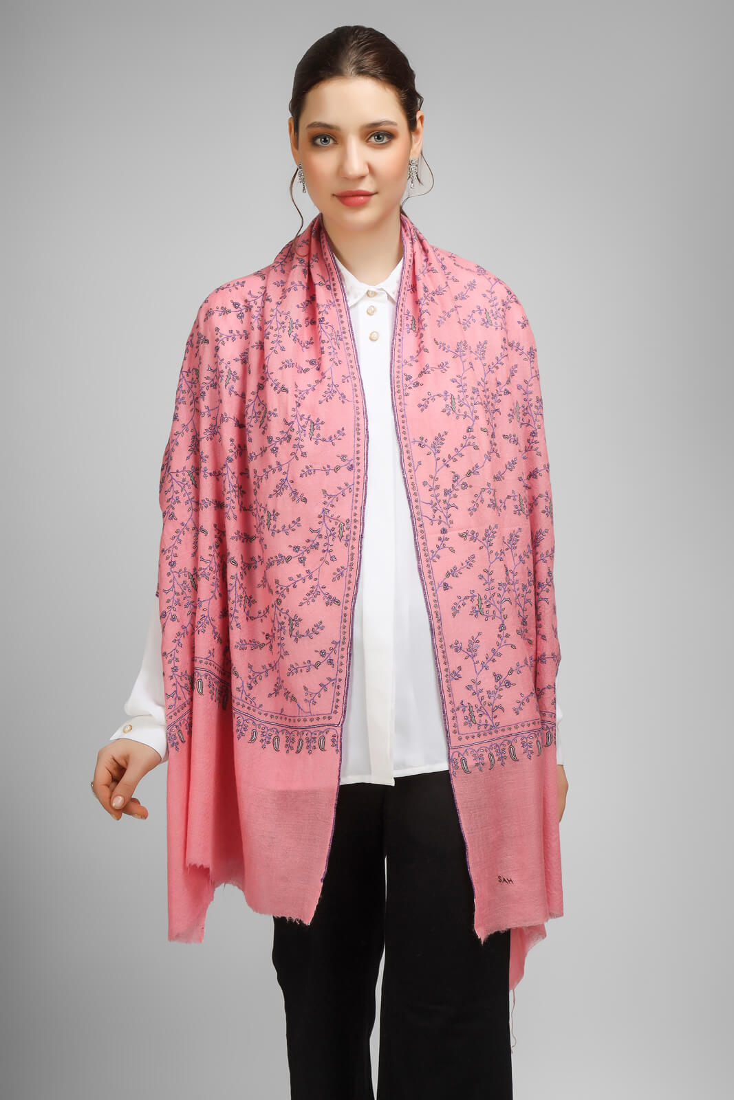 PASHMINA EMBROIDERY STOLE - Carnation Pink Jaldaar embroidery Sozni stole - We deliver to United States, China, Japan, Germany, United Kingdom, France, Canada, South Korea, Australia, and Switzerland.