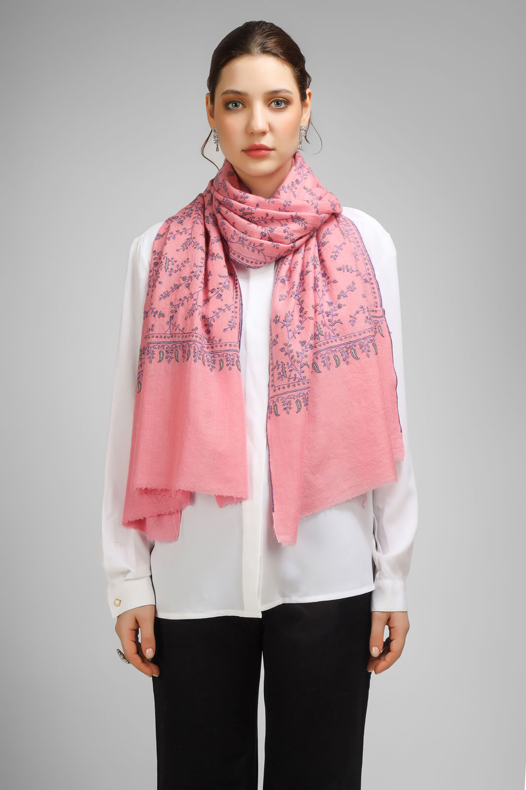 PASHMINA EMBROIDERY STOLE - Carnation Pink Jaldaar embroidery Sozni stole - We deliver to United States, China, Japan, Germany, United Kingdom, France, Canada, South Korea, Australia, and Switzerland.