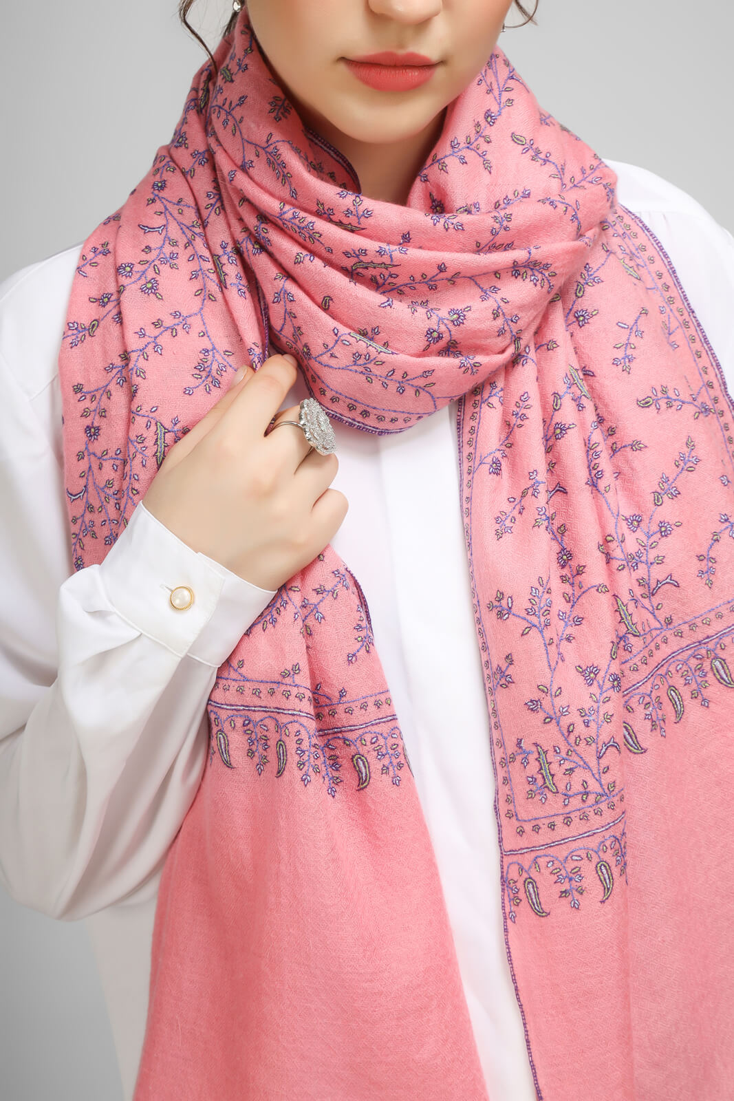 PASHMINA EMBROIDERY STOLE - Carnation Pink Jaldaar embroidery Sozni stole - We deliver to United States, China, Japan, Germany, United Kingdom, France, Canada, South Korea, Australia, and Switzerland.