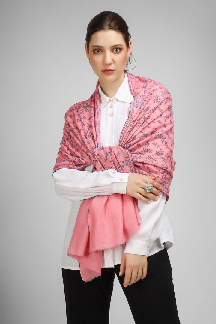 PASHMINA EMBROIDERY STOLE - Carnation Pink Jaldaar embroidery Sozni stole - We deliver to United States, China, Japan, Germany, United Kingdom, France, Canada, South Korea, Australia, and Switzerland.