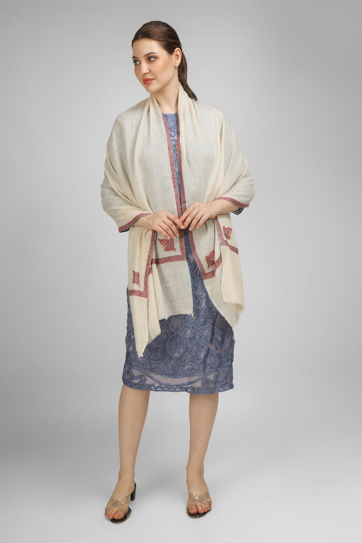 PASHMINA EMBROIDERY STOLE - Elevate your style with a White Pashmina stole featuring hashidaar and sozni embroidery. UAE