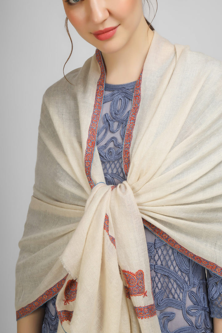 PASHMINA EMBROIDERY STOLE - Elevate your style with a White Pashmina stole featuring hashidaar and sozni embroidery. UAE