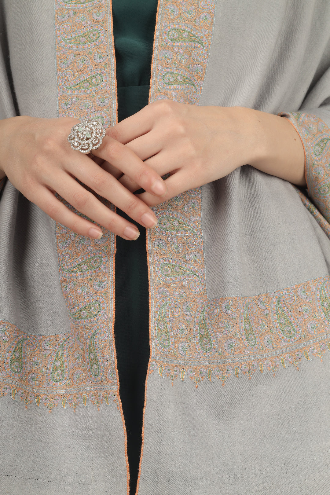 Gray Pashmina Shawl with Rust Embroidery Border