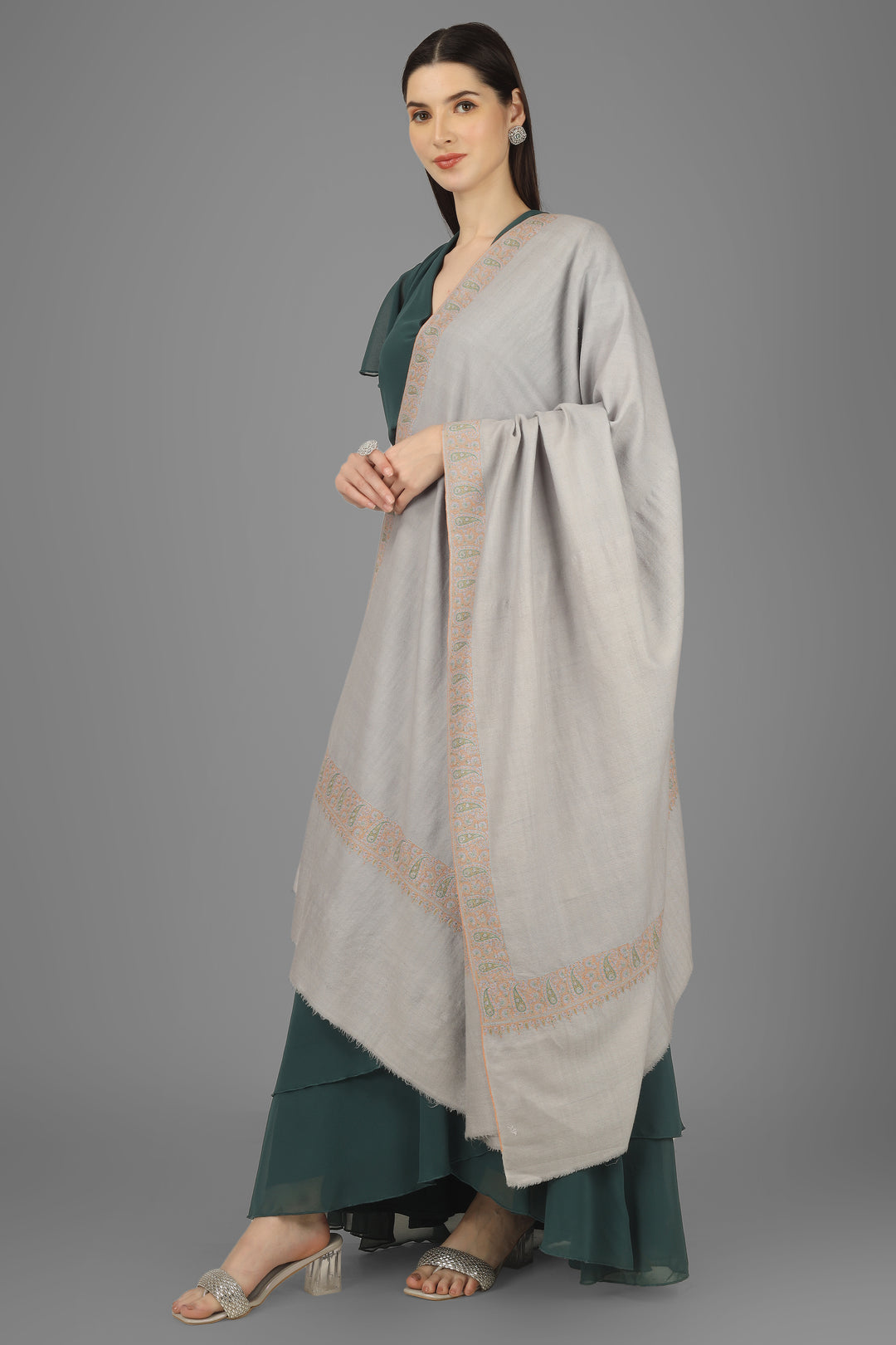 Gray Pashmina Shawl with Rust Embroidery Border