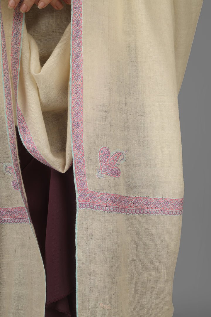 Mehnoor White Hashidaar Shawl with Pink Embroidery