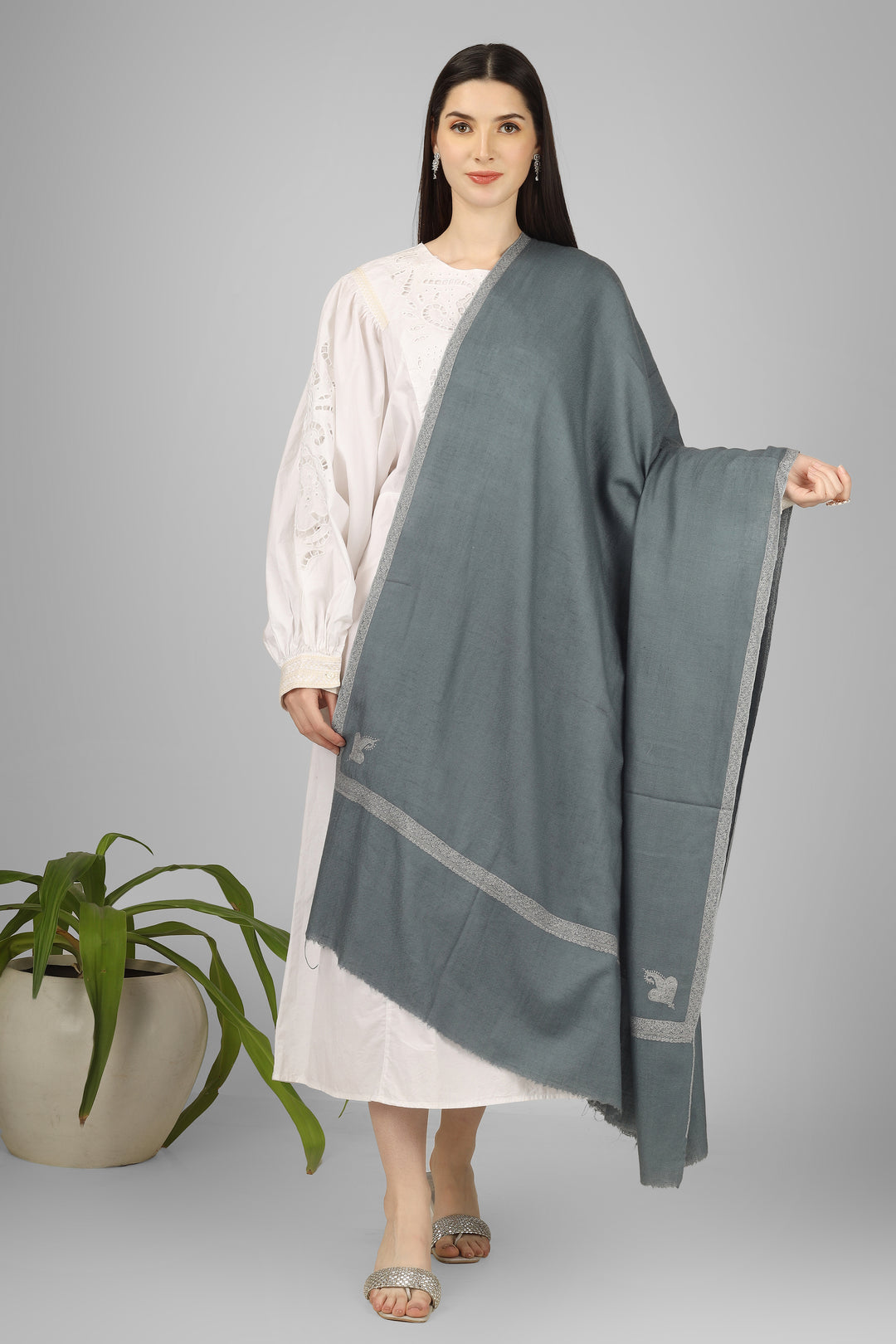 Elegant Grey Pashmina Hashidaar Shawl