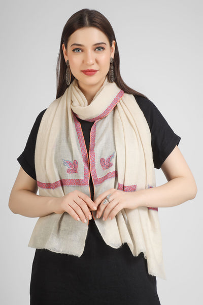 PASHMINA EMBROIDERY STOLE - White Pashmina Hashidaar stole, featuring striking red embroidery and Sozni detailing - We deliver exquisite products to your doorstep in the United States