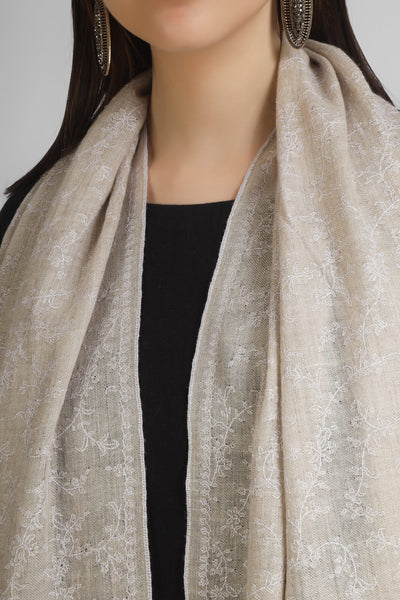 PASHMINA EMBROIDERY STOLE - Toosh Color Natural Jaldaar With White Embroidery Sozni Stole - We deliver our premium Pashmina products to the United Kingdom, Germany, France, Japan, UAE, and Australia