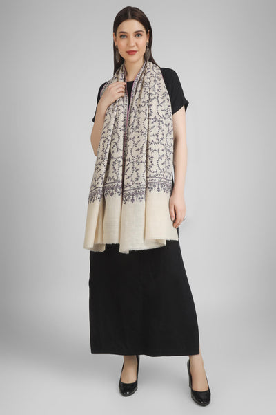 PASHMINA EMBROIDERY STOLE Explore sophistication with our White Jaldaar, Black & Mauve Sozni Pashmina Stole - We deliver our premium Pashmina products to the United Kingdom, Germany, France, Japan, UAE, and Australia
