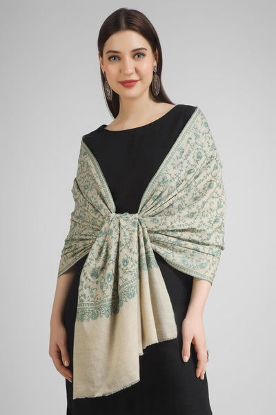 PASHMINA EMBROIDERY STOLE -  Natural with Pastel Green Embroidery Sozni Pashmina Stole. Elevate your style with this exquisite addition to our collection of premium Pashmina stoles.