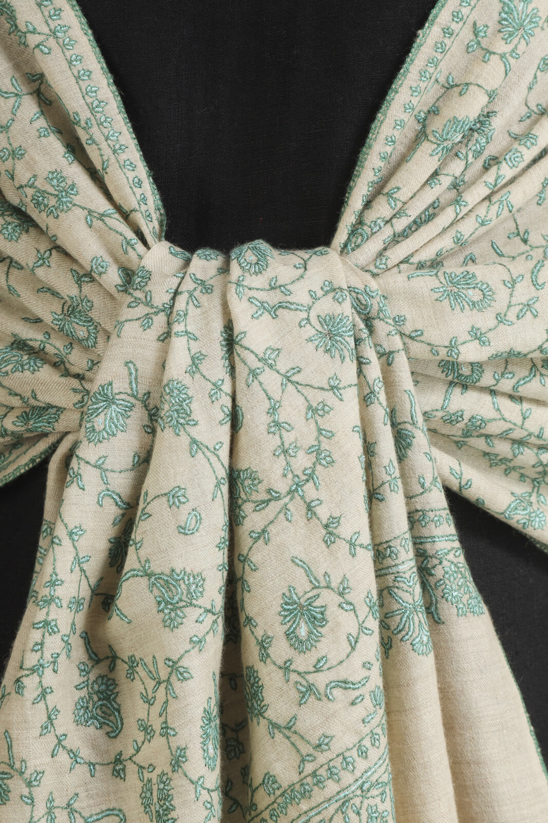 PASHMINA EMBROIDERY STOLE - Natural with Pastel Green Embroidery Sozni Pashmina Stole. Elevate your style with this exquisite addition to our collection of premium Pashmina stoles.