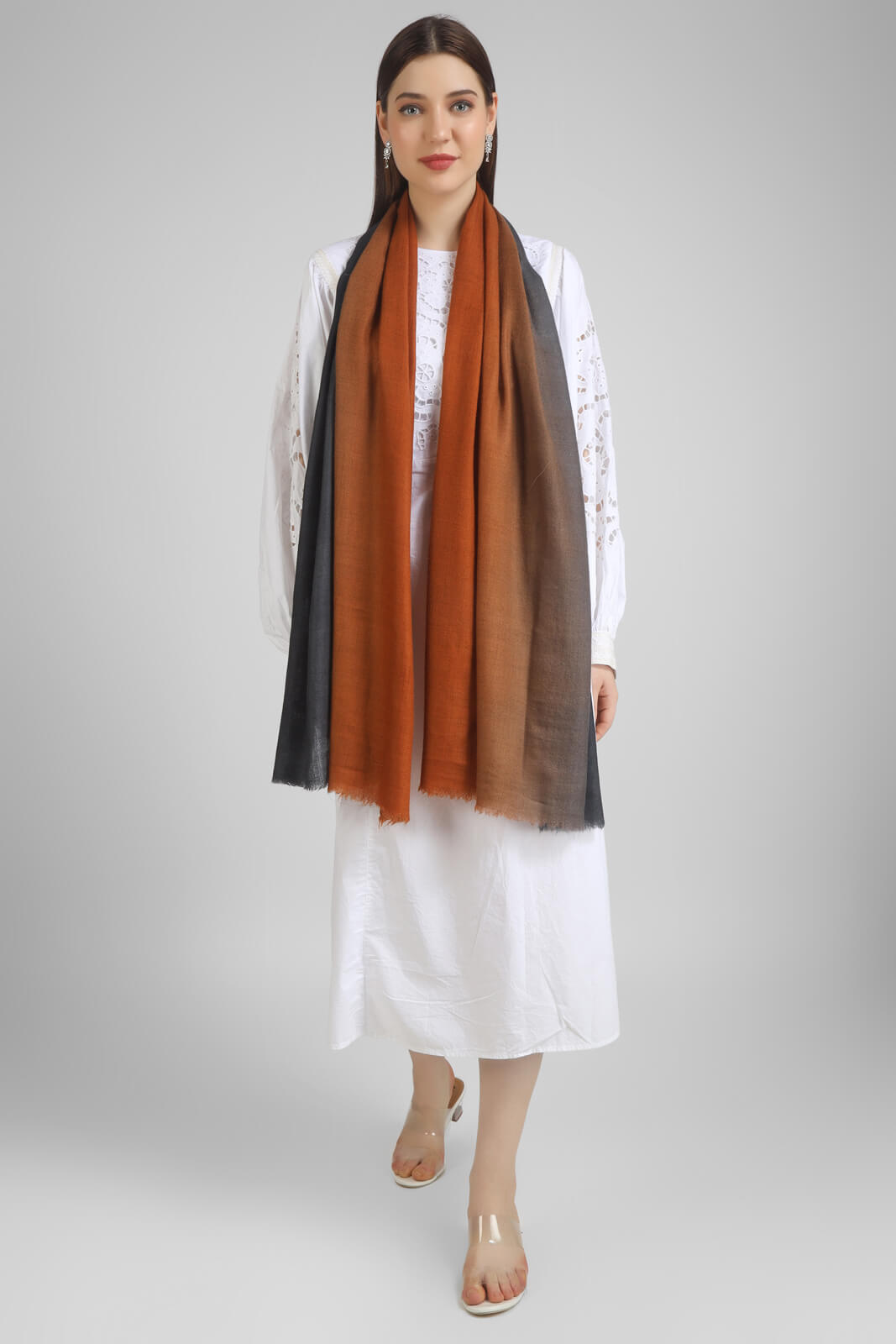 pashmina stoles Rust & Grey Ombre Pashmina Stole – a fusion of warm tones and cool grays.-  We deliver our premium Pashmina products to the United Kingdom, Germany, France, Japan, UAE, and Australia. Elevate your style with ease – order now!"