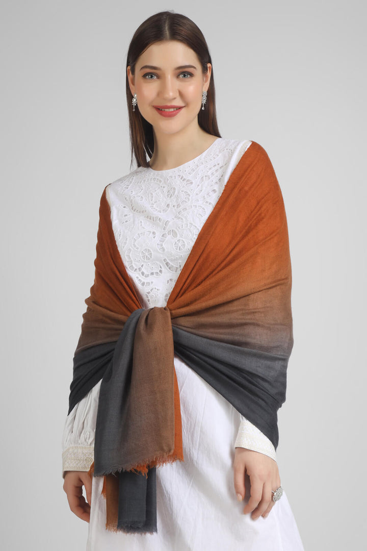 pashmina stoles Rust & Grey Ombre Pashmina Stole – a fusion of warm tones and cool grays.- We deliver our premium Pashmina products to the United Kingdom, Germany, France, Japan, UAE, and Australia. Elevate your style with ease – order now!"