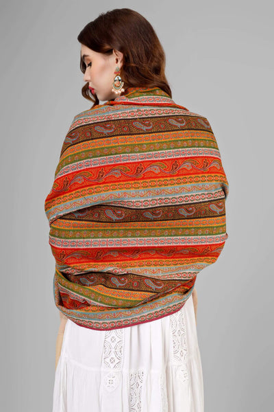 Peach  Pasley Pashmina antique  shawl "Striped Paisley Pashmina Antique Shawl" – a fusion of timeless elegance and vintage allure. With the iconic striped paisley pattern and a peach palla, this accessory seamlessly blends heritage into modern style.