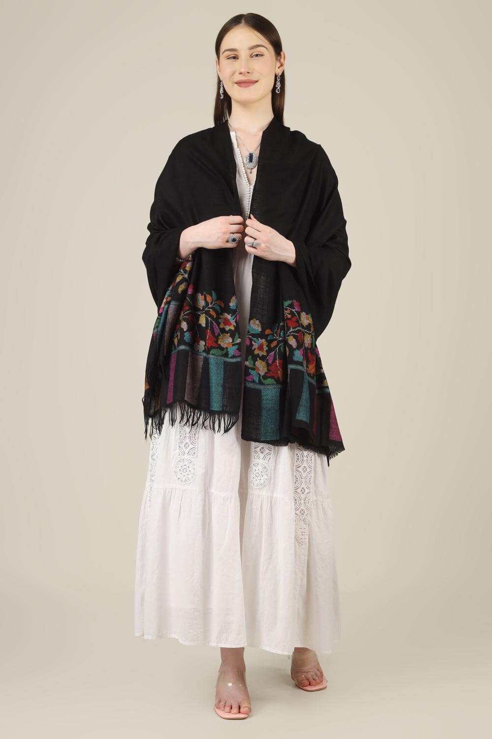 luxury kani pashmina shawls online, this black paladaar piece offers traditional craftsmanship, soft warmth, and a striking heirloom look.