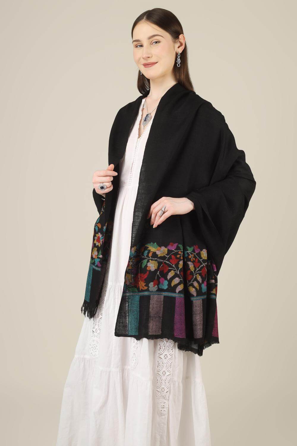 luxury kani pashmina shawls online, this black paladaar piece offers traditional craftsmanship, soft warmth, and a striking heirloom look.
