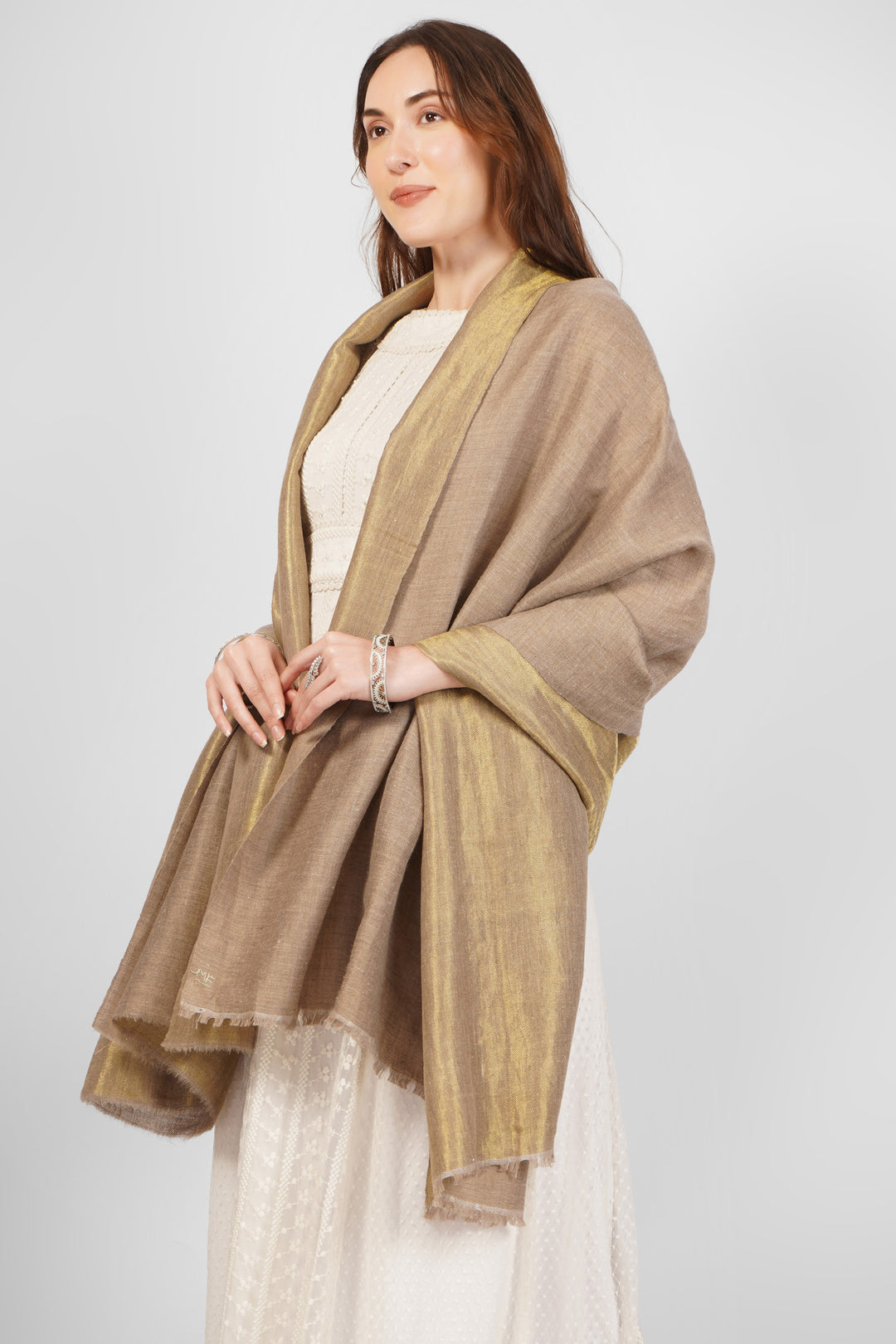 Zari Golden and Natural Pashmina Reversible Shawl  online – Classic Elegance in Every Drape
