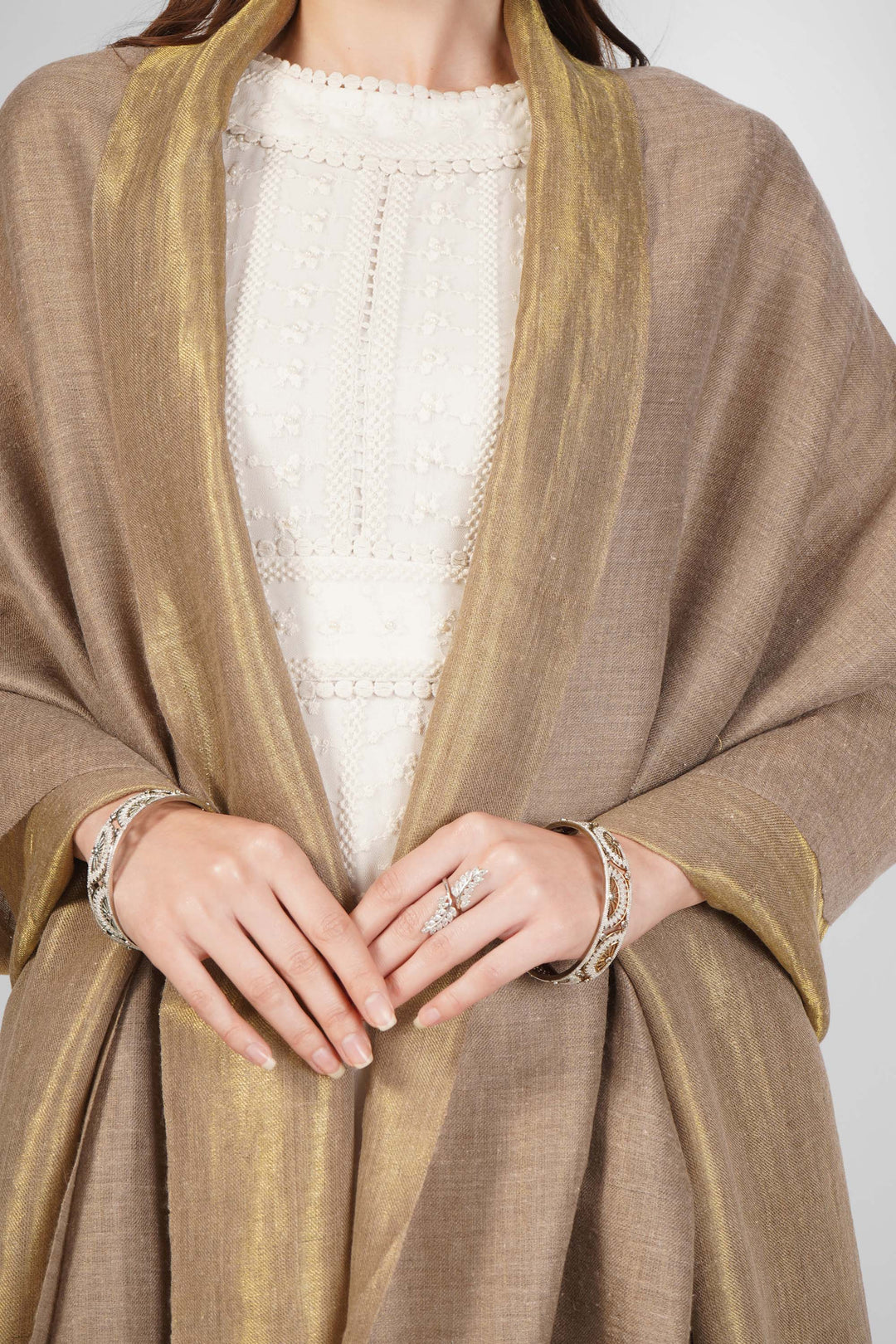 Zari Golden and Natural Pashmina Reversible Shawl  online – Classic Elegance in Every Drape