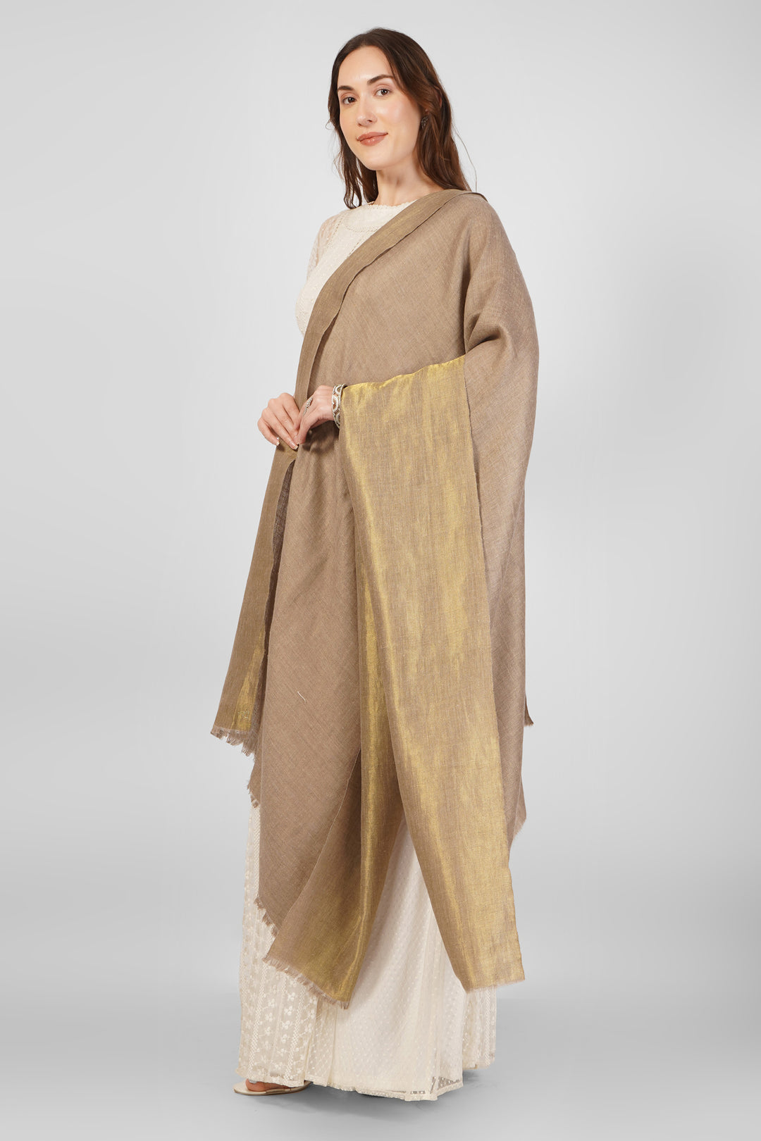 Zari Golden and Natural Pashmina Reversible Shawl  online – Classic Elegance in Every Drape