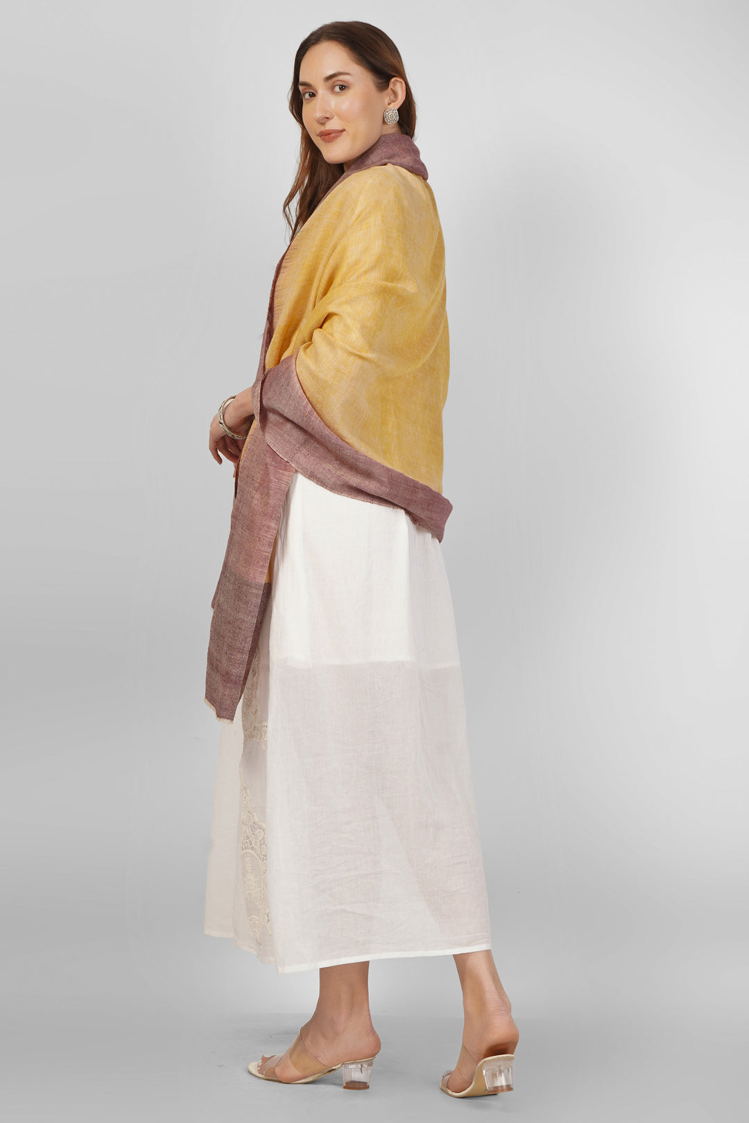 Authentic pashmina shawl online with multi-color gold and mauve stripes, handwoven pure cashmere from Kashmir