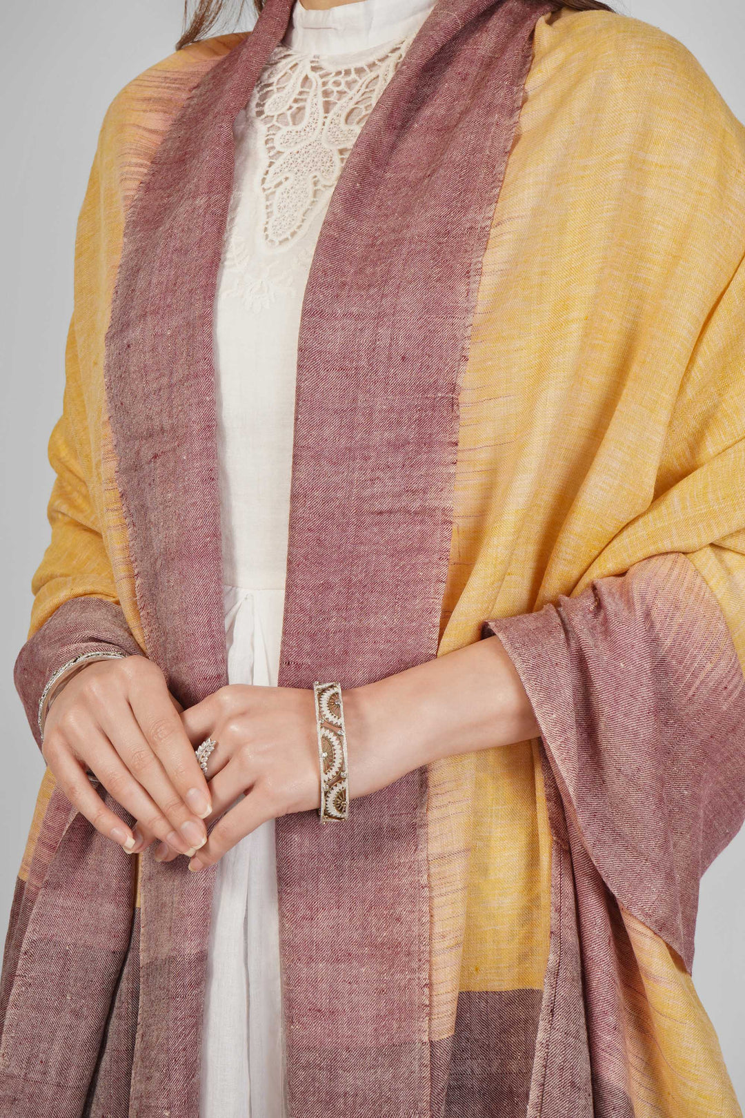Authentic pashmina shawl online with multi-color gold and mauve stripes, handwoven pure cashmere from Kashmir
