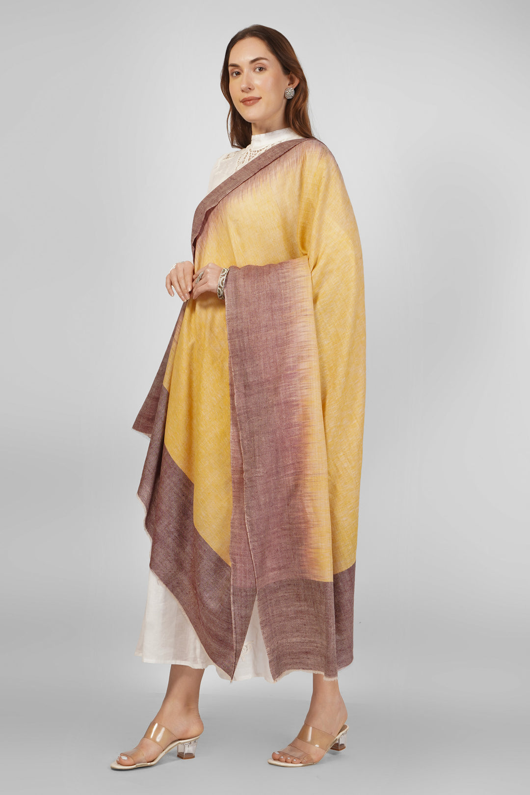 Authentic pashmina shawl online with multi-color gold and mauve stripes, handwoven pure cashmere from Kashmir