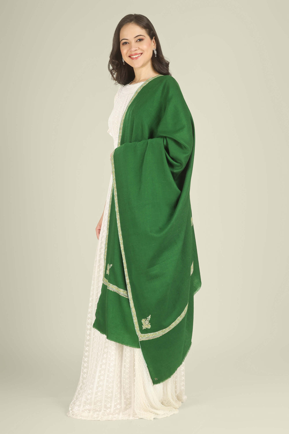 This Green GI Kashmiri Pure Pashmina Nazia Hashidaar Shawl comes in a vibrant emerald base highlighted with Nazia hashidaar borders and a single paisley corner motif, giving a fresh, festive feel while keeping the surface mostly plain for effortless styling.