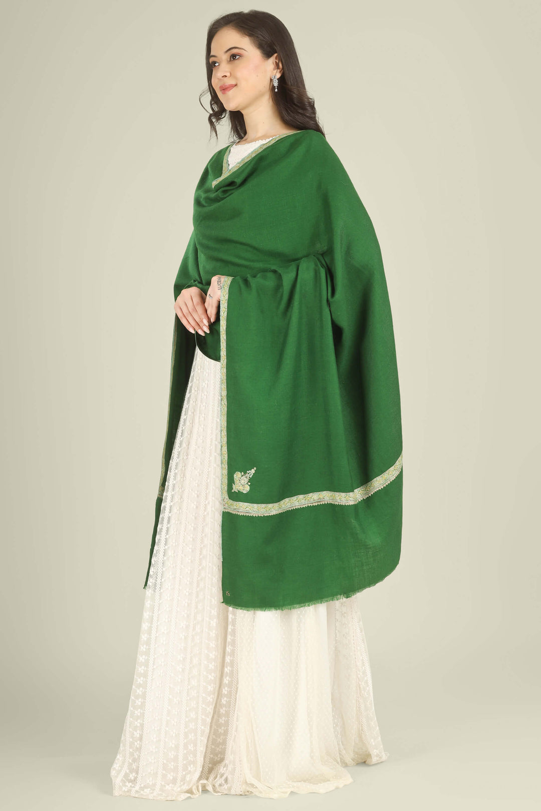 This Green GI Kashmiri Pure Pashmina Nazia Hashidaar Shawl comes in a vibrant emerald base highlighted with Nazia hashidaar borders and a single paisley corner motif, giving a fresh, festive feel while keeping the surface mostly plain for effortless styling.