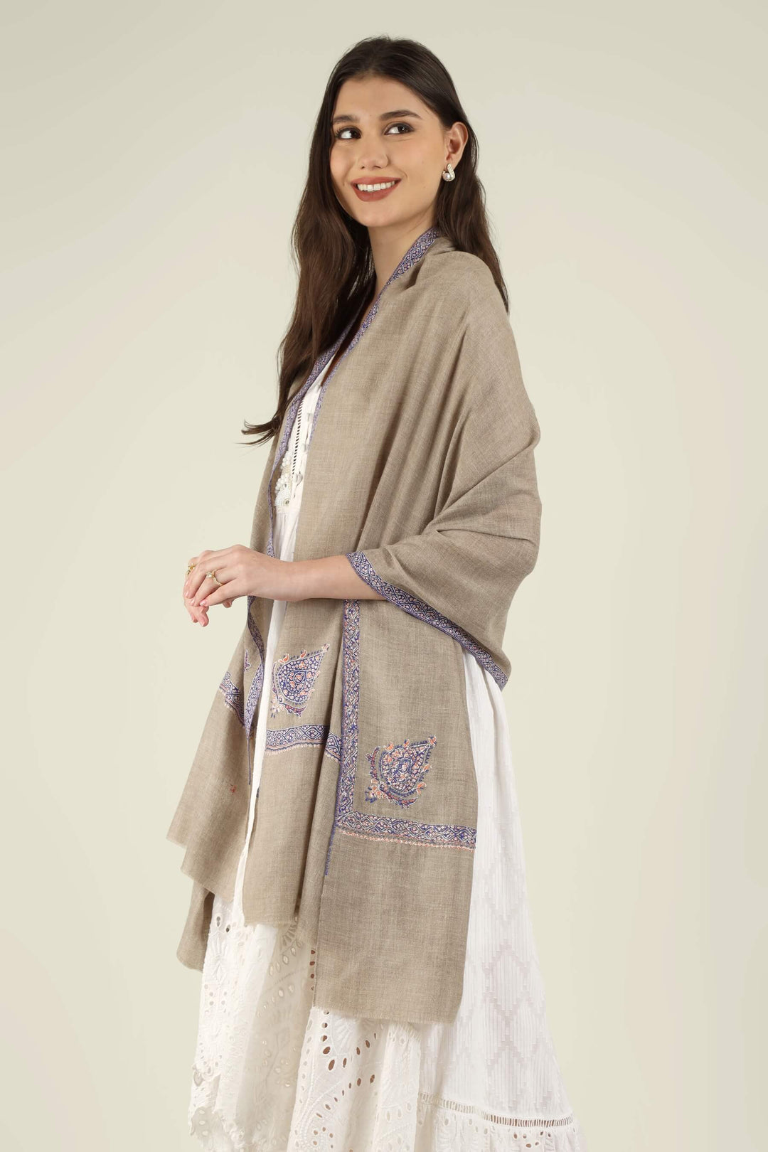 Mehak natural GI Pashmina Hashidaar embroidered stole - view 1