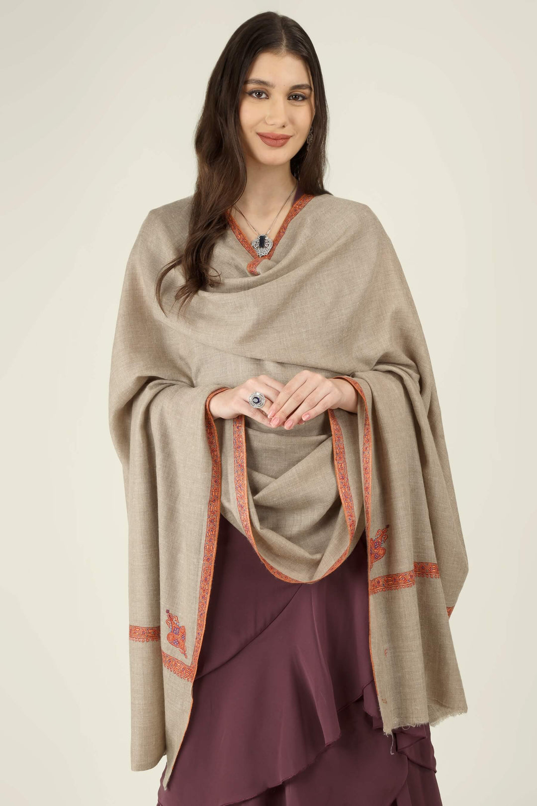 Deema natural Khudrang GI Pashmina Hashidaar embroidered shawl - view 5