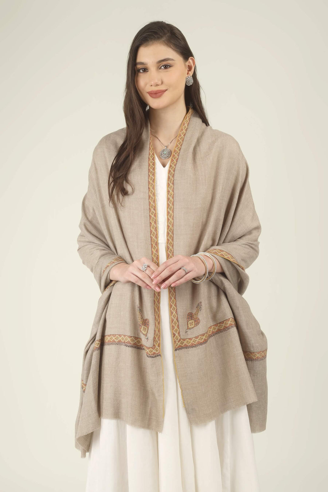 Fakhira natural Khudrang GI Pashmina Hashidaar embroidered shawl - view 2