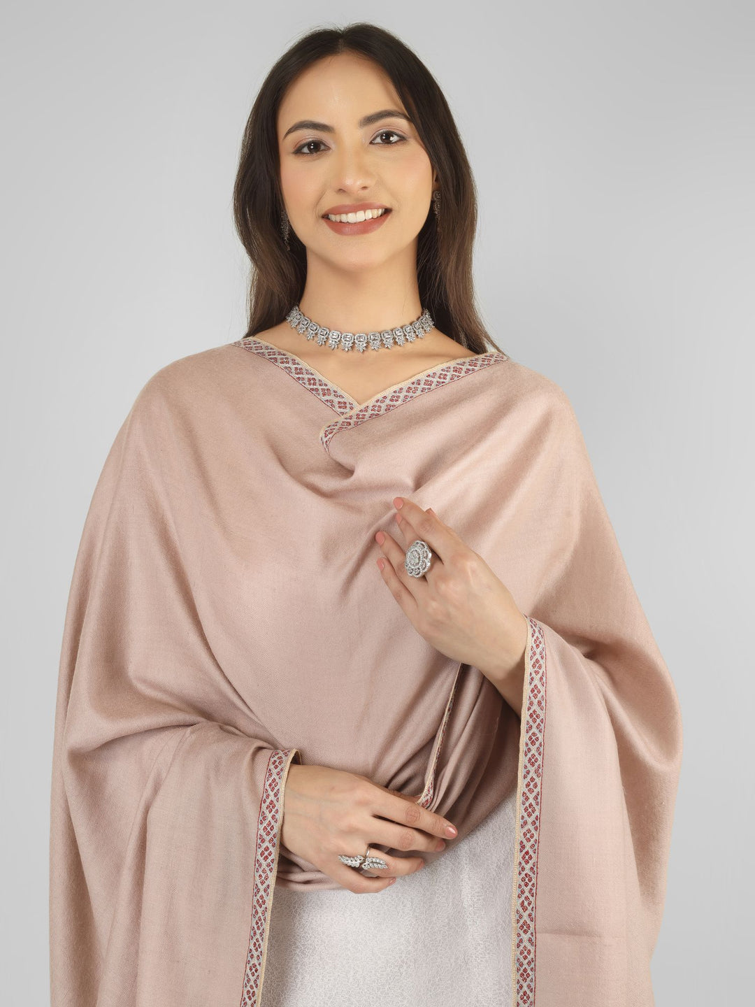 A sophisticated choice for admirers of pashmina shawls in Germany, this blush beige GI pashmina shawl offers export-quality Kashmiri craftsmanship,