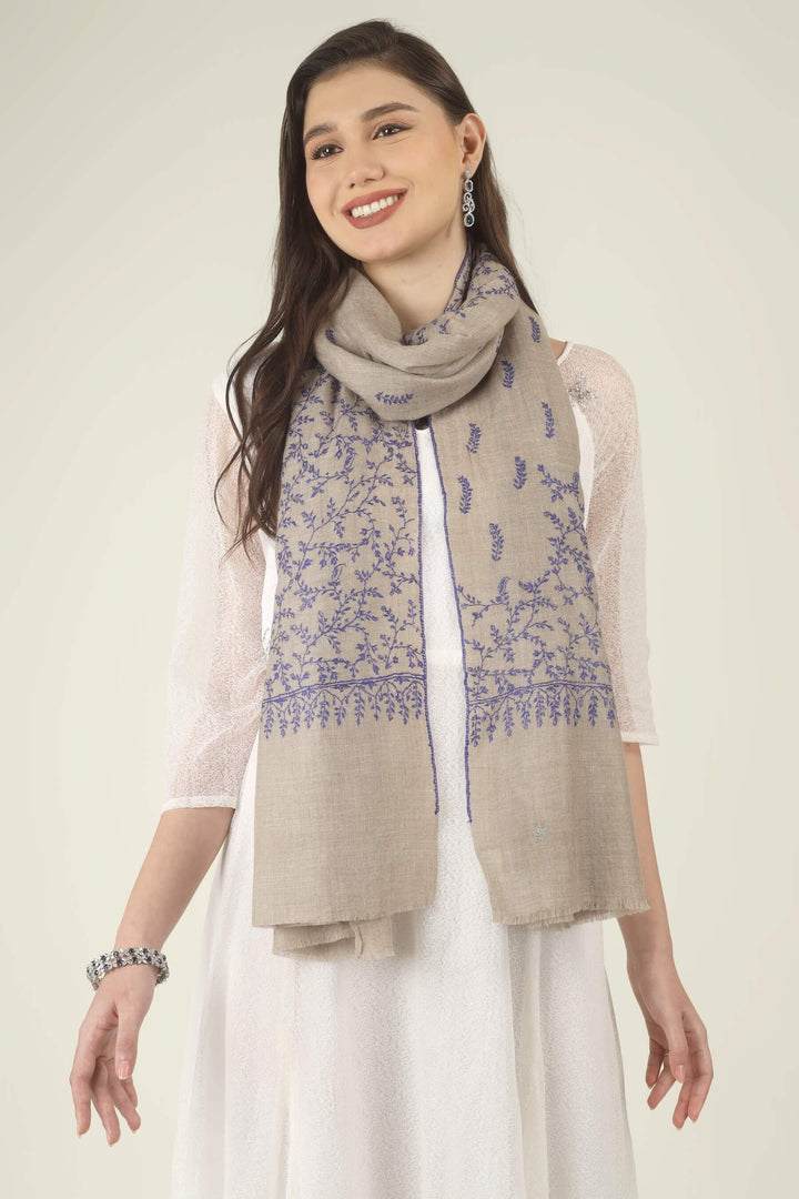 This Beige GI Kashmiri Pure Pashmina Blue Jaal Embroidered Stole features a soft natural beige base covered in fine royal blue floral vines. Delicate leaves, tiny buds and curling tendrils 
    
      | pashmina shawls online | authentic Kashmiri pashmina shawl online | pure pashmina shawl online | original GI certified pashmina shawl online | luxury men's pashmina shawl online from Kashmir | where to buy online pure pashmina in India
    
    | GI Tag Certified - Government-verified authentic Kashmiri Pashmina
    | G20 Official Partner - Selected by India for G20 Summit gifting
    | Handicraft Registered - Official recognition of traditional craftsmanship
    | Certificate of Authenticity - Every purchase includes GI certification