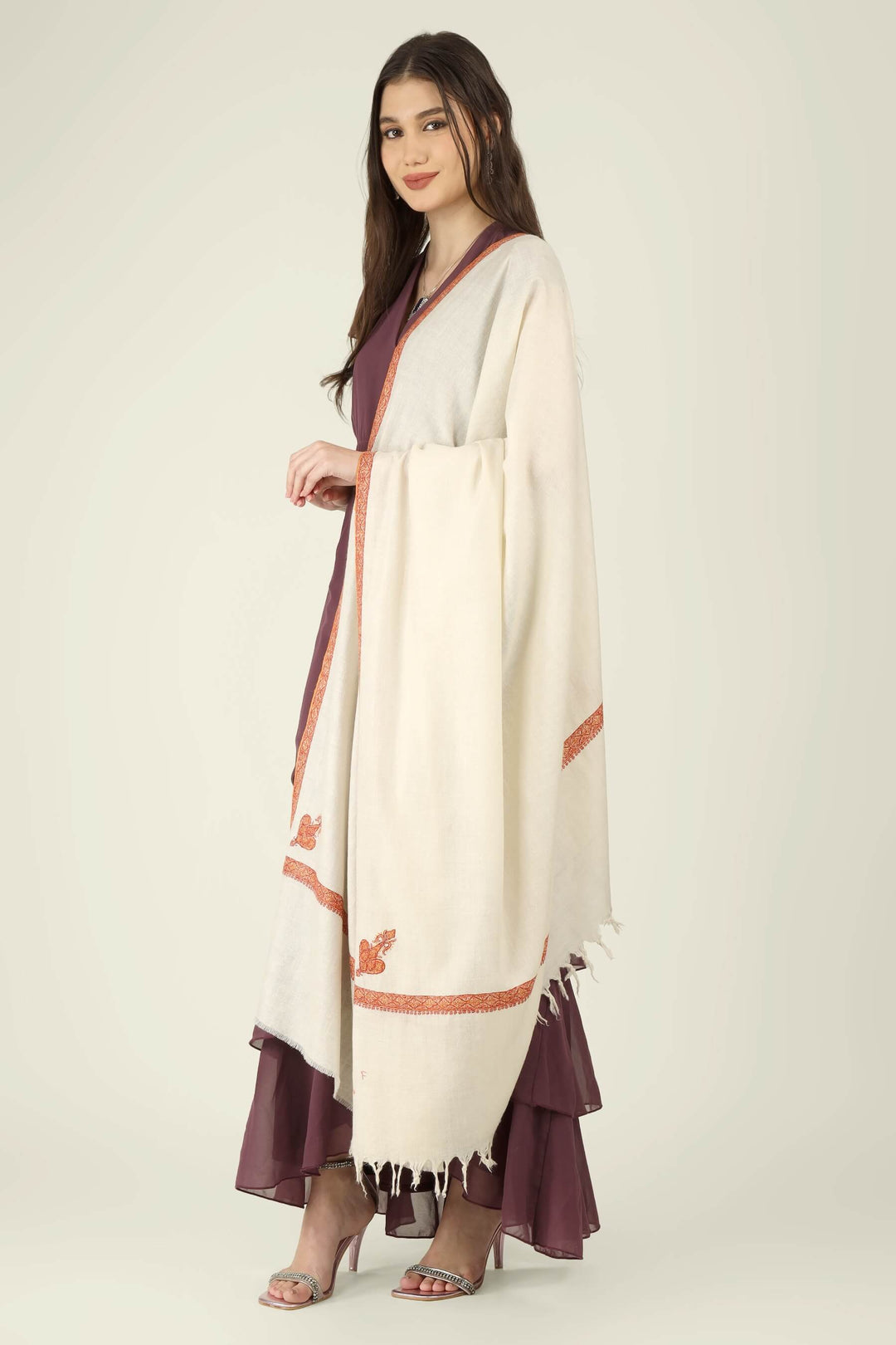 Dalia white GI Pashmina Hashidaar embroidered shawl - view 1